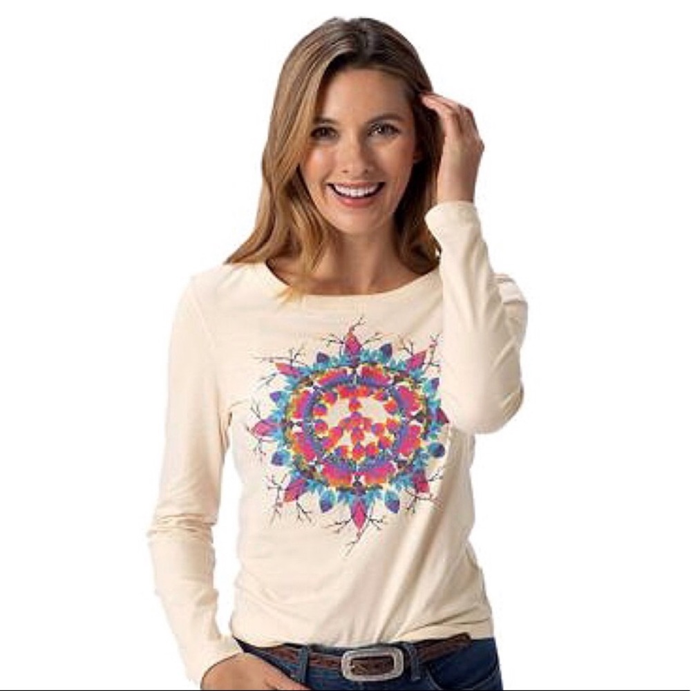 Long Sleeved, Beige Tee w/Peace Sign